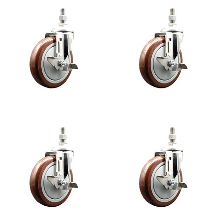 Service Caster 5 Inch 316SS Maroon Polyurethane Swivel 12mm Threaded Stem Caster Set Brake SS316TS20S514-PPUB-MRN-TLB-M1215-4